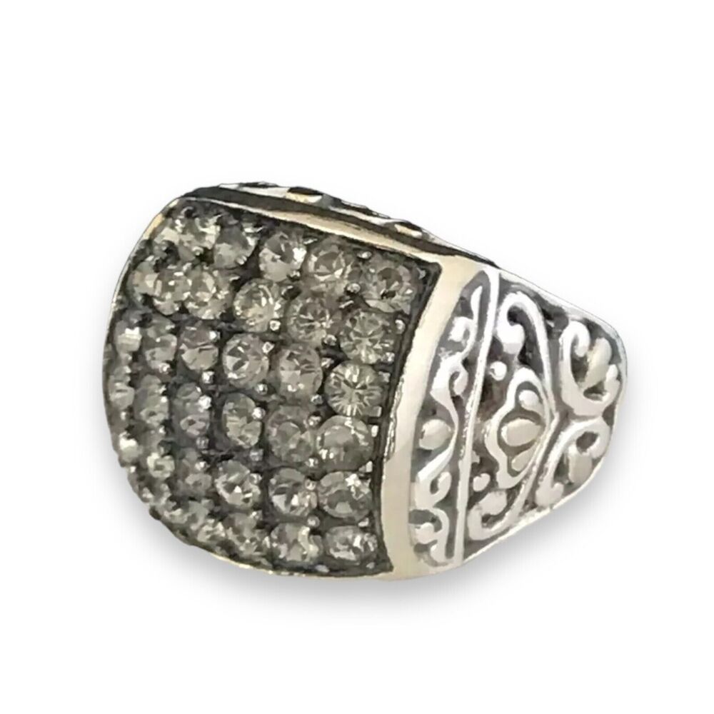 Designer Statement Ring Size 10 Crystals Ornate Silver Tone HSN - 4N